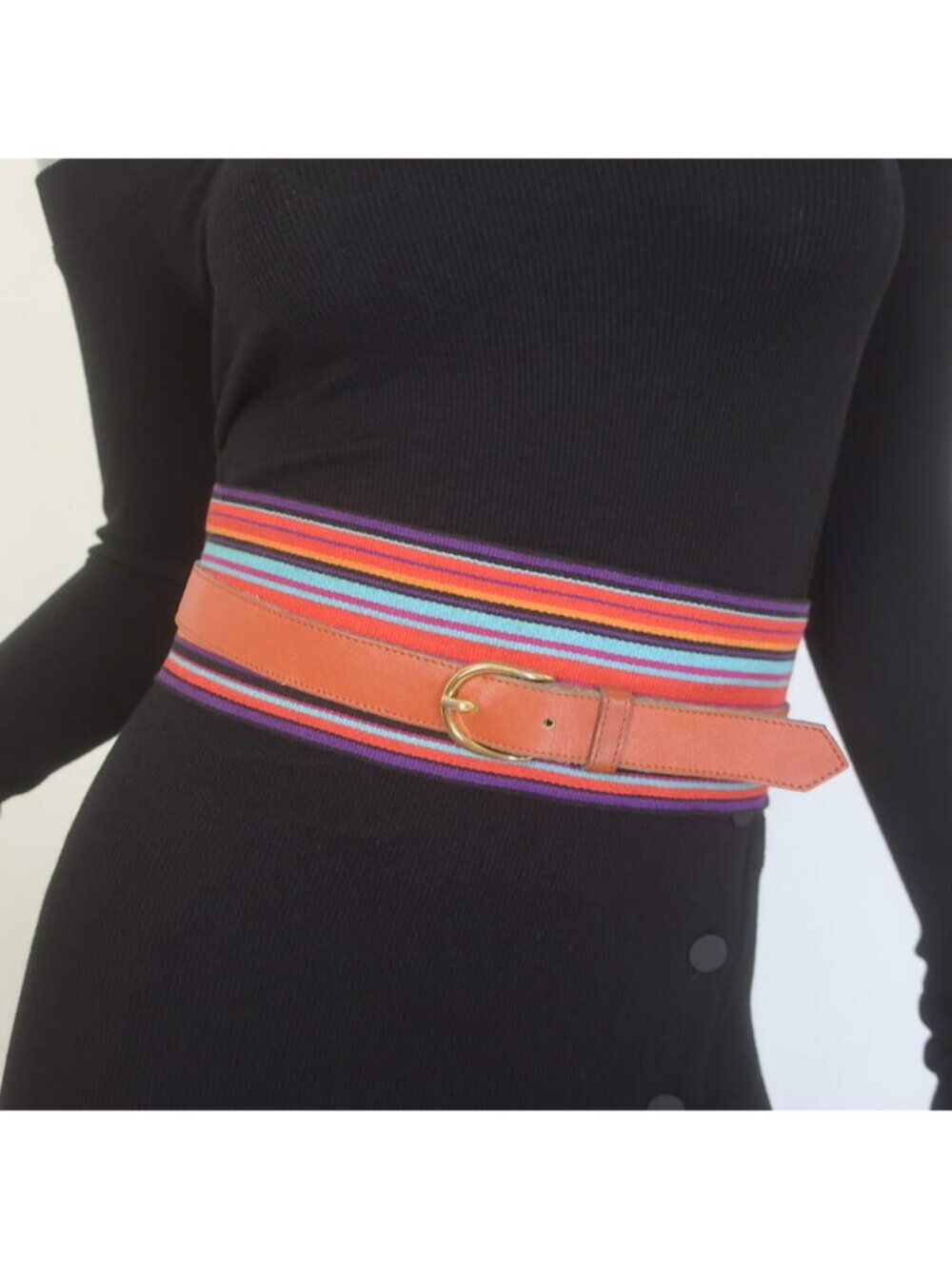 Vintage Saint Laurent Rive Gauche Striped Canvas Wrap Belt Multicolor/Brown